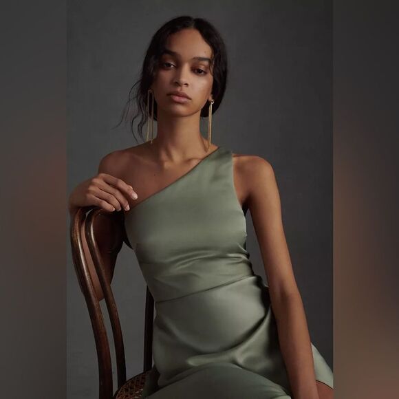 BHLDN Dylan One Shoulder Satin Side Slit Gown in Moss - Picture 2 of 3